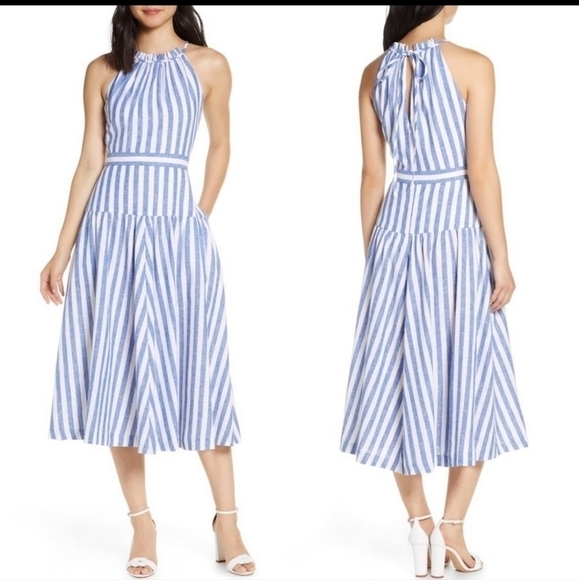 Eliza J Linen Halter Neck Stripe Dress - Picture 1 of 16